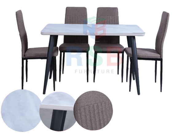 โต๊ะอาหาร 120 cm ขาเหล็ก TOP กระจกด้านลายหิน + เก้าอี้อาหาร ขาเหล็กดำ เบาะผ้า 4 ตัว รหัส 3496