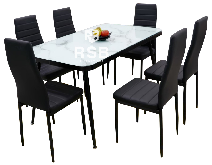 ชุดโต๊ะทานอาหารกะจก โครงเหล็กพ่นสีดำ + เก้าอี้หุ้มหนัง PVC 6 ตัว รหัส 4398