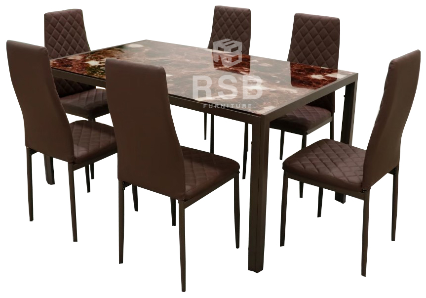 ชุดโต๊ะทานอาหารกระจกนิรภัยโครงเหล็กพ่นสีดำ + เก้าอี้ 6 ตัว รหัส 4403