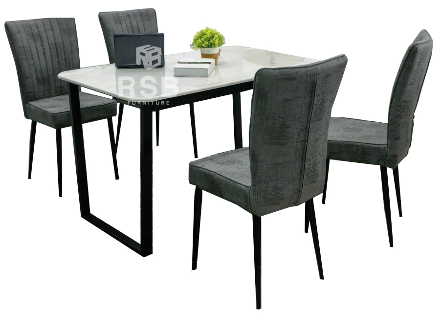 ชุดโต๊ะทานอาหาร โครงเหล็ก TOP หินสังเคราะห์ + เก้าอี้หุ้มผ้า soft tech 4 ตัว รหัส 4401