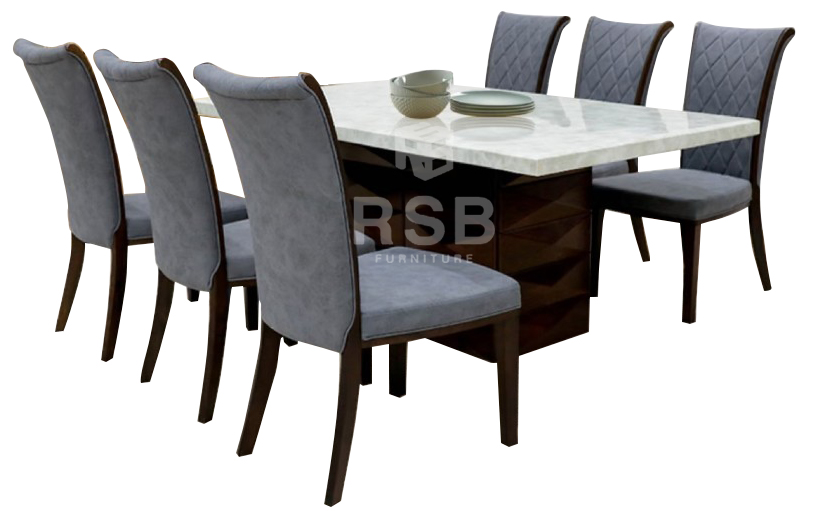 โต๊ะทานอาหาร โครงไม้ TOP หินอ่อน + เก้าอี้หุ้มด้วยผ้า Soft tech 6 ตัว รหัส 4393