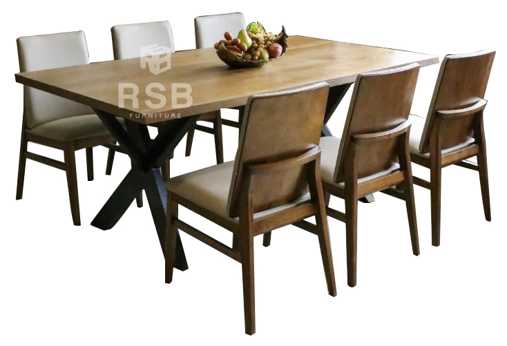 โต๊ะทานอาหาร โครงไม้จริง+เก้าอี้โครงไม้จริง 6 ตัว รหัส 4389